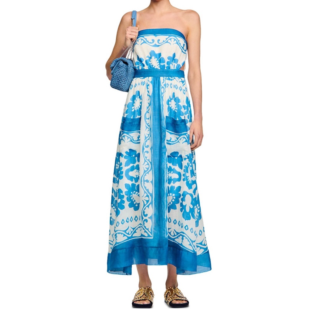 Sandro Zarina dress - blue and white strapless maxi dress, NWOT